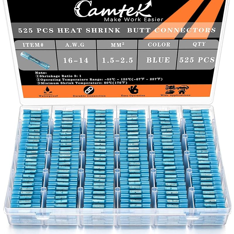 525PCS Heat Shrink Wire Connectors, 22-10 AWG Marine Grade Heat Shrink Butt Connectors, Waterproof Electrical Wire Terminals Kit Insulated Ring Fork