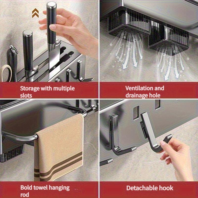 Stainless steel wall mounted tool holder without drilling, multifunctional kitchen storage rack with integrated chopstick cage.