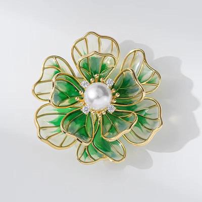 Elegant Enamel Peony & Pearl Brooch - Luxurious Unisex Pin for Clothing Accessories