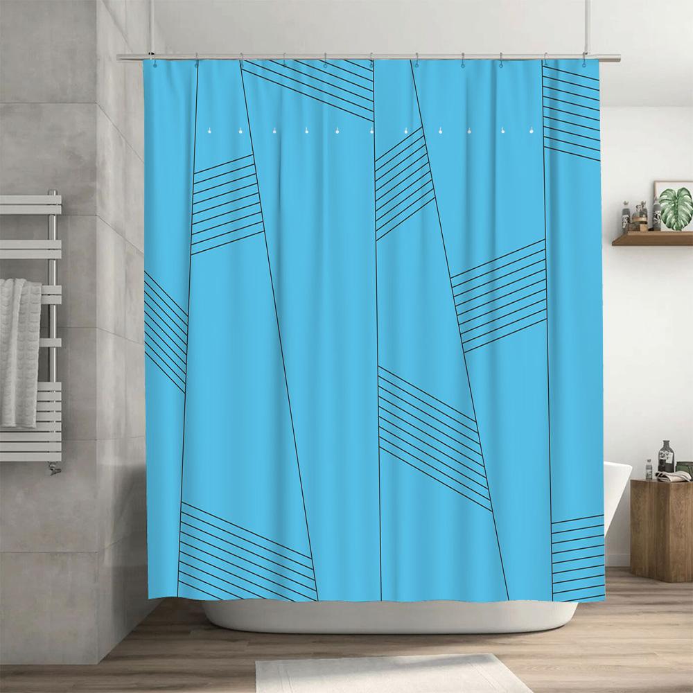 Blue Shower Curtain With Geometric Design Waterproof Bathroom Decor For Kids Bathrooms Simple Modern Pattern Home Accessories (1