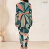 Women Plus Size Printed Half Zip Long Sleeve Longline Top And Fitted Pants Two Piece Set