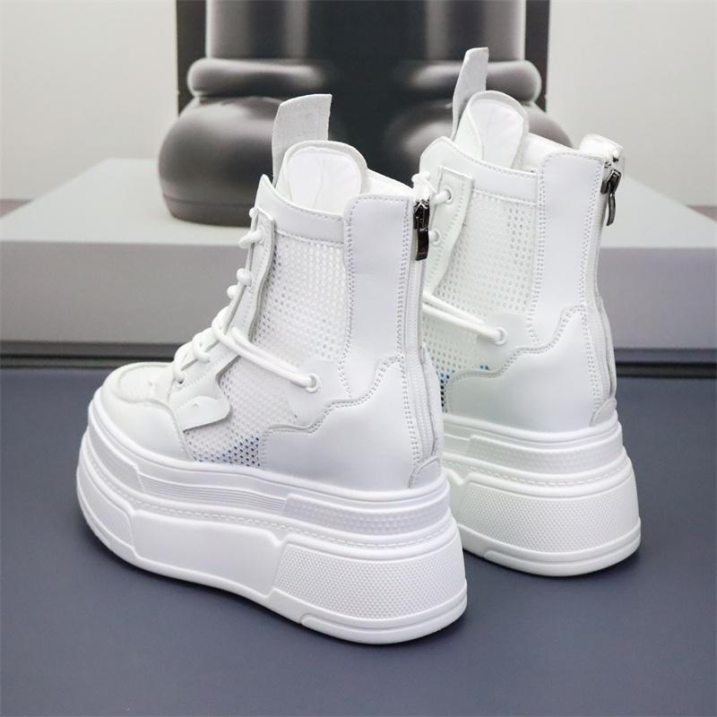 Fashion 12CM Women Breathable Platform Chimney Hollow Fashion Summer Shoes Air Mesh Genuine Leather Synthetic Mid Calf Ankle Boots