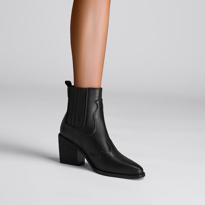 Fashion Kaky's New Cowhide Thick High Heel Pointed Large Women's Shoes Short Boots