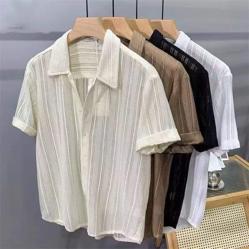 Same Texture Design Pleated Texture Men's Short-sleeved Shirt, Loose Iron-free, Drape Spring and Summer Sun Protection White Light Luxury