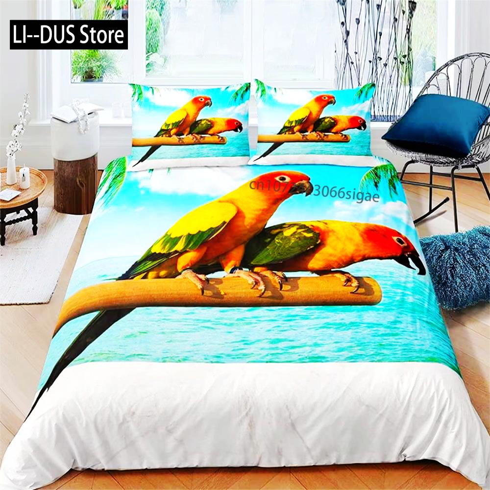 Comforter Parrot King Queen Bedding Set Cute Birds Colourful Feather Tropical Flowers Comforter Polyester