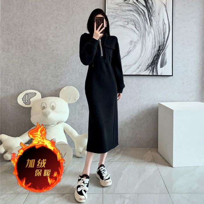 

Premium gray hooded long sweater skirt waist temperament thickened velvet casual dress women s new autumn and winter S чёрный