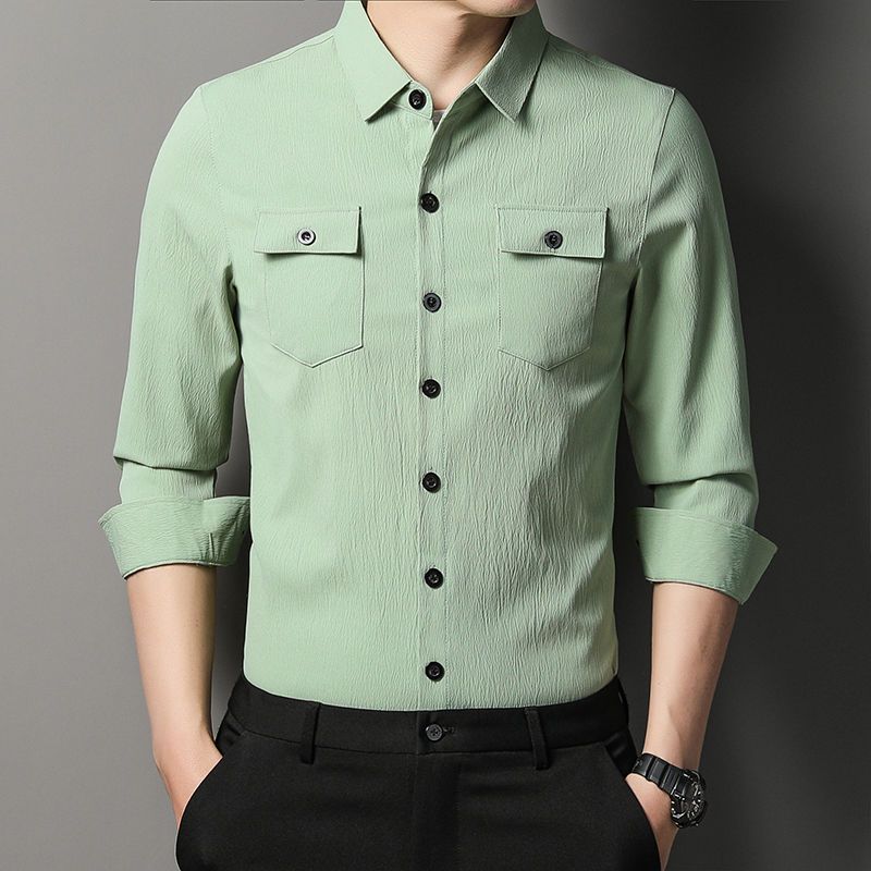 

Мужская одежда Однотонная Повседневная Мужская Свободная Прямая Отложной Воротник Тонкая Модная На пуговицах Весна Лето Длинный рукав Карманы Рубашки L зелёный
