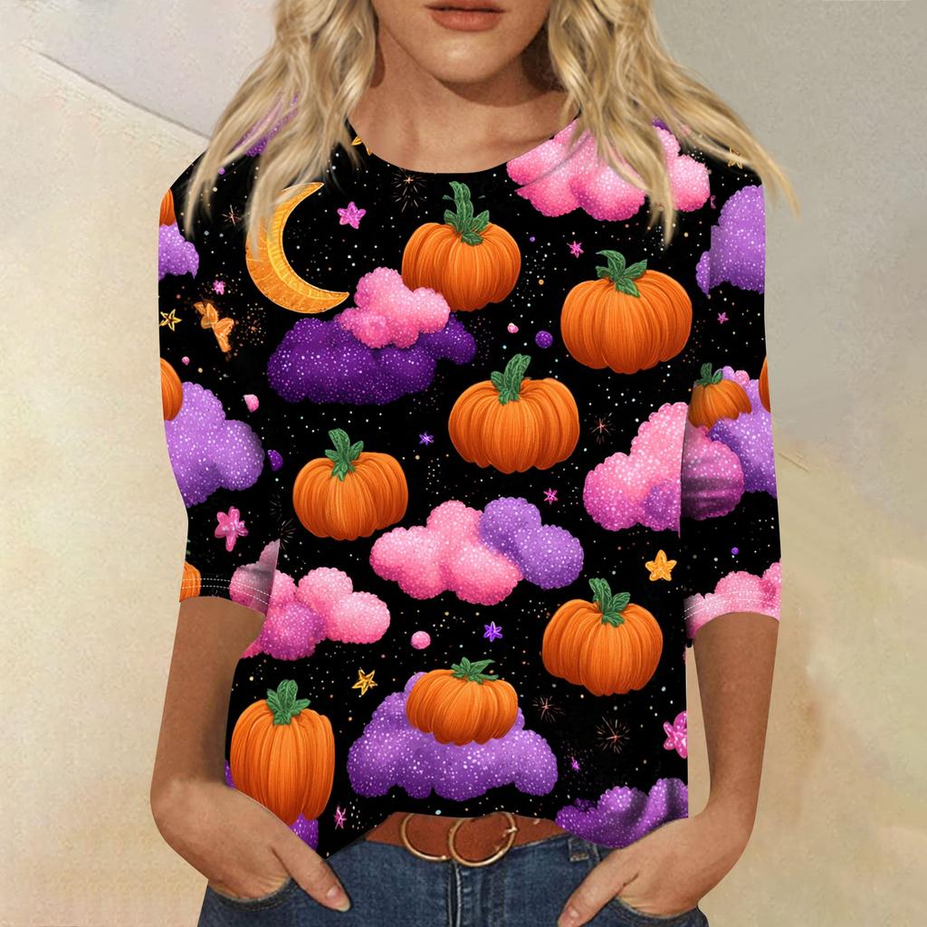 Women's Casual Halloween Print Round Neck Top Three Quarter Sleeve Lightweight Comfortable Street Style Shirt