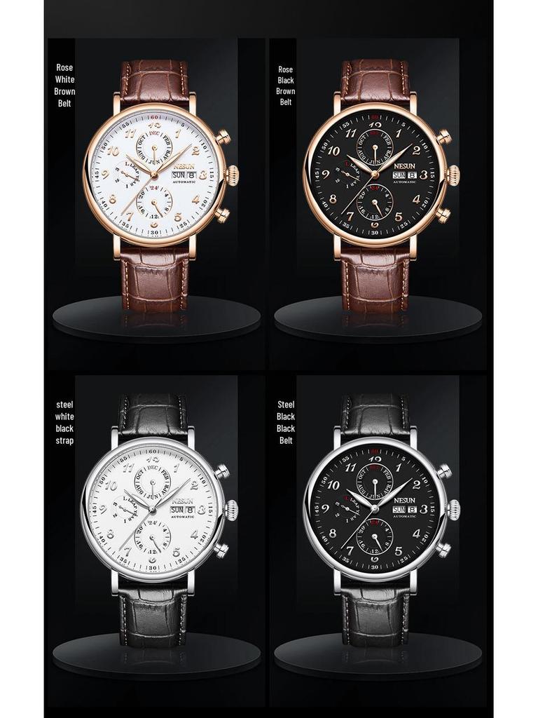 NESUN Herren Automatische Mechanische Uhr, Multifunktionale Wasserdichte Leder-Stahl Armbanduhr 9029