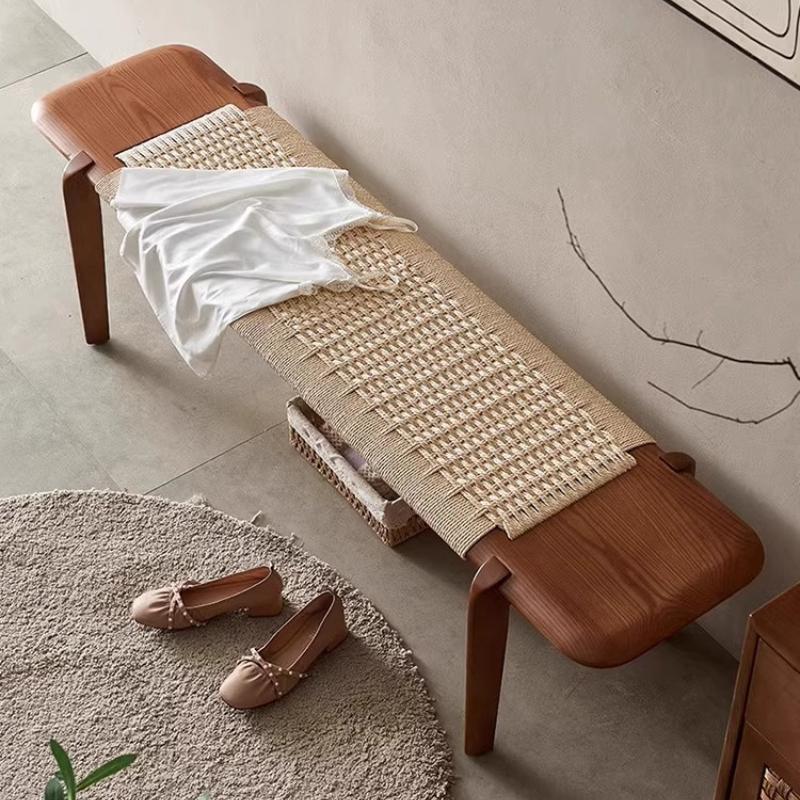 Vintage Solid Wood Bench, Entryway Storage Shoe Stool, Stylish Bed End Seat, Living Dining Rope Woven Long Seating