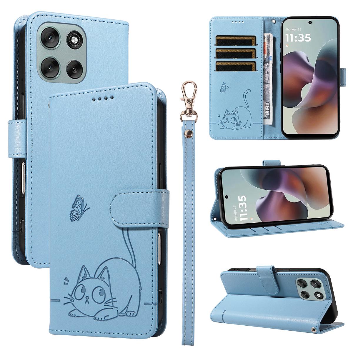 

Чехол для Motorola Moto G56 5G с тиснением в виде кошки, кожаная обложка для телефона с ремешком на запястье Sky Blue