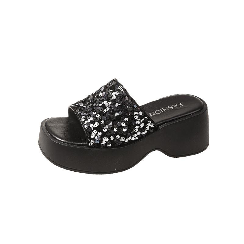 

Wear thick-soled cool slippers women s summer new sequins niche open-toed sandals one-word high casual shoes 35 срібний