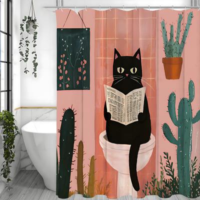 Cortina de Ducha para Gatos Wall Fun, Cortina de Ducha Decorativa para Baño con Gato Sentado en el Inodoro, Cortina de Ducha Impermeable con Ganchos