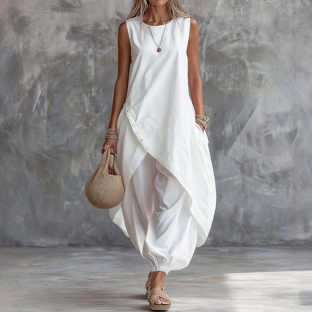 Women's Fashion Casual Colour Sleeveless Cotton Linen Pocket Dress