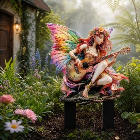 Yousheng Guitarist Fairy Garden Stake, 2D Acrylic Fairy Tale Yard Art Stake, Waterproof Flower Fairy Playing The Guitar Outdoor Decoration for Lawn