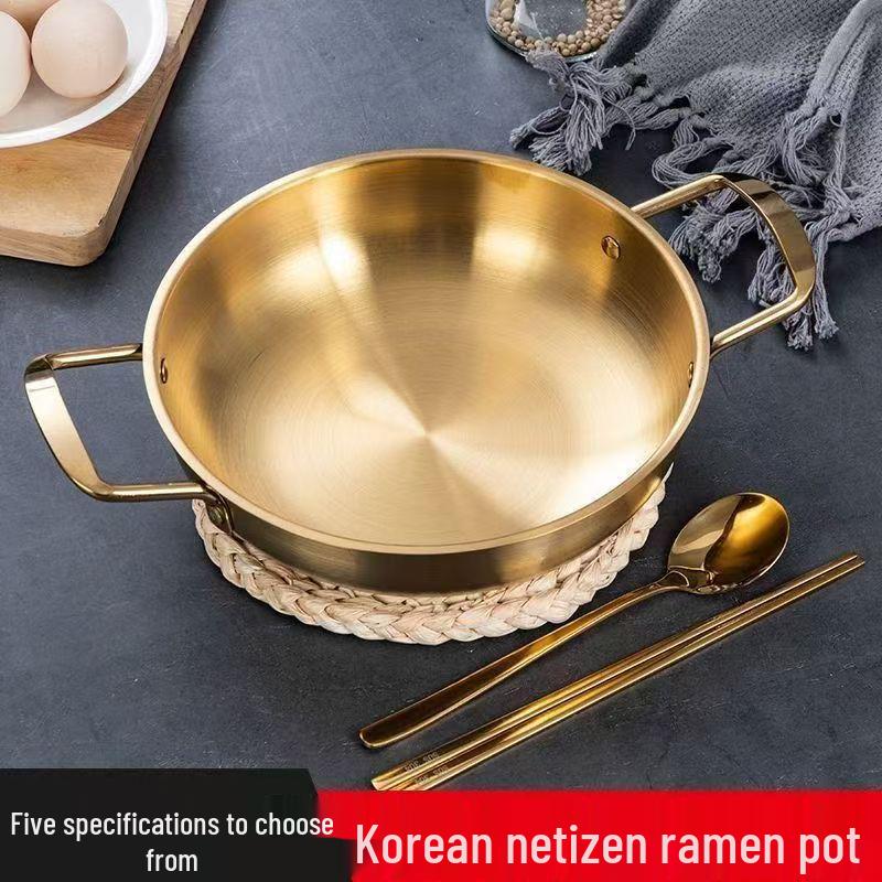 Golden Korean-Style Stainless Steel Seafood Ramen Pot – Double-Eared Flat Bottom Cooking Pot for Noodles and Soup.