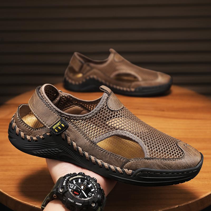 Men Sandals Leather Summer Casual Shoes for Man Slip On Outdoor Walking Shoe Hand Made Sandalias Breathable Mesh Soft Comfortabl