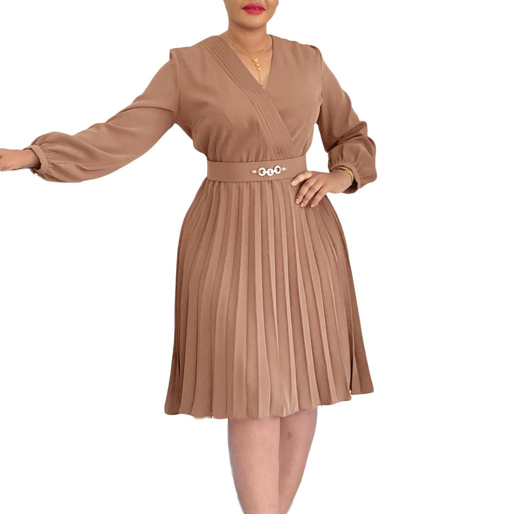 Jarní Dámské Temperamentní Módní Šaty s V výstřihem, Lisovanými Sklady a Vysokým Pasem