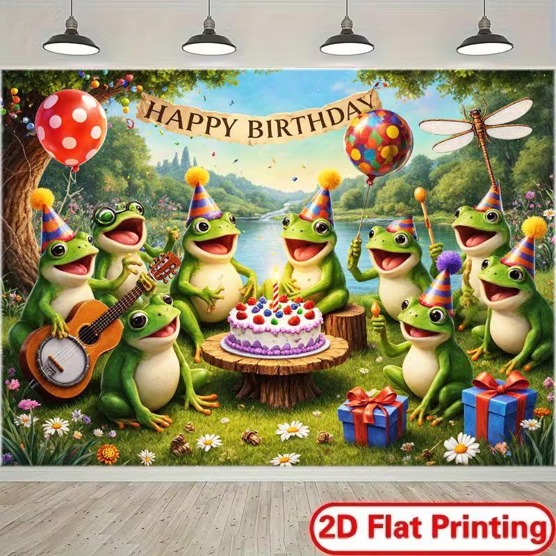 2D Cartoon Frosch Geburtstag Hintergrundtuch, Outdoor Natur Wandbehang