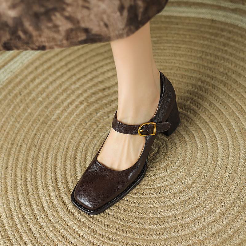 Krazing Pot Sheepskin Fashion Summer Spring Autumn Thick High Heels Metal Buckle Women  European Design Square Toe Pumps