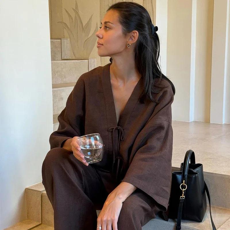 Causal Oversized Solid Pant Suit Women Single Button Long Sleeve V-neck Shirt Set Summer Casual Lady Streetwear