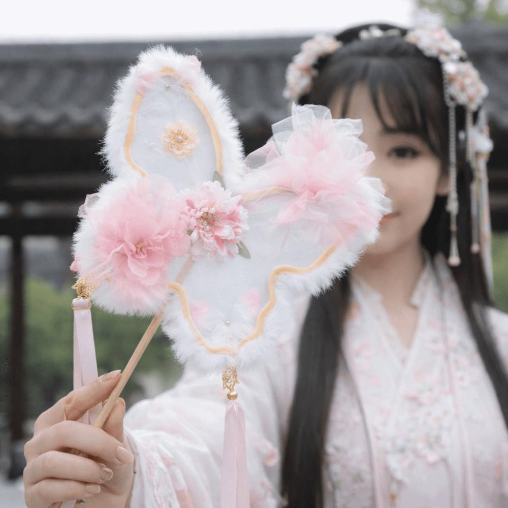 Decorative Fluffy Butterfly Handheld Fan Handmade Chinese Style Silk Flower Fan with Tassel Ancient Fairy Fan Costume Props