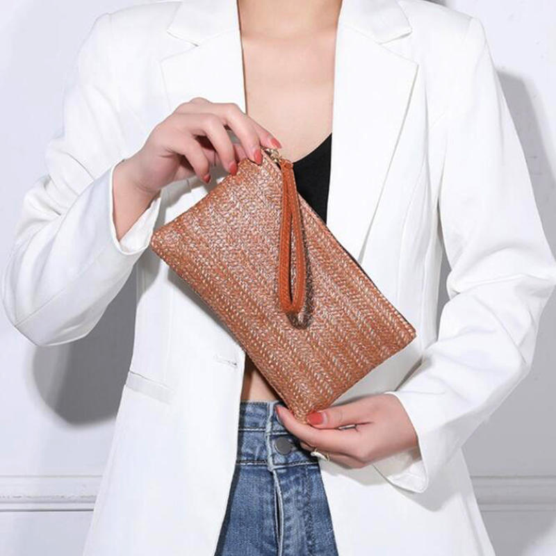 Fashion Ladies Weaving Bag Wristlet Clutch Women Daily Money Phone Clutch Solid Straw Woven Coin Purse Beach Wallet Card Leisure Travel