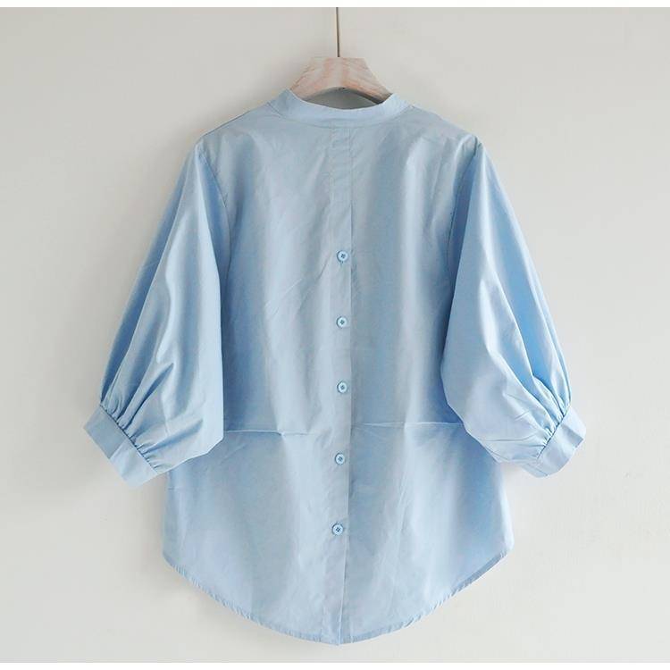 Chemise coréenne en coton à manches lanternes pour femmes, ample, grande taille, dos fendu, irrégulier, couleur unie, col en v, haut