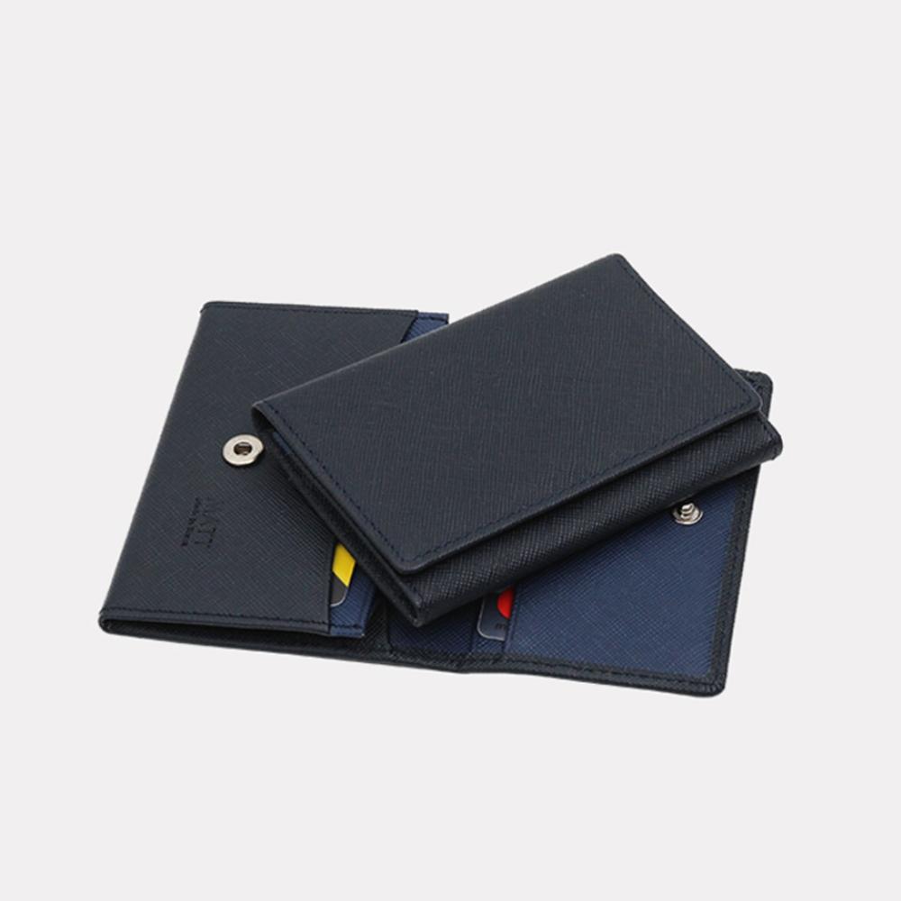 Matt Saffiano Cowhide Slim Business Card Holder Black + Steel Blue