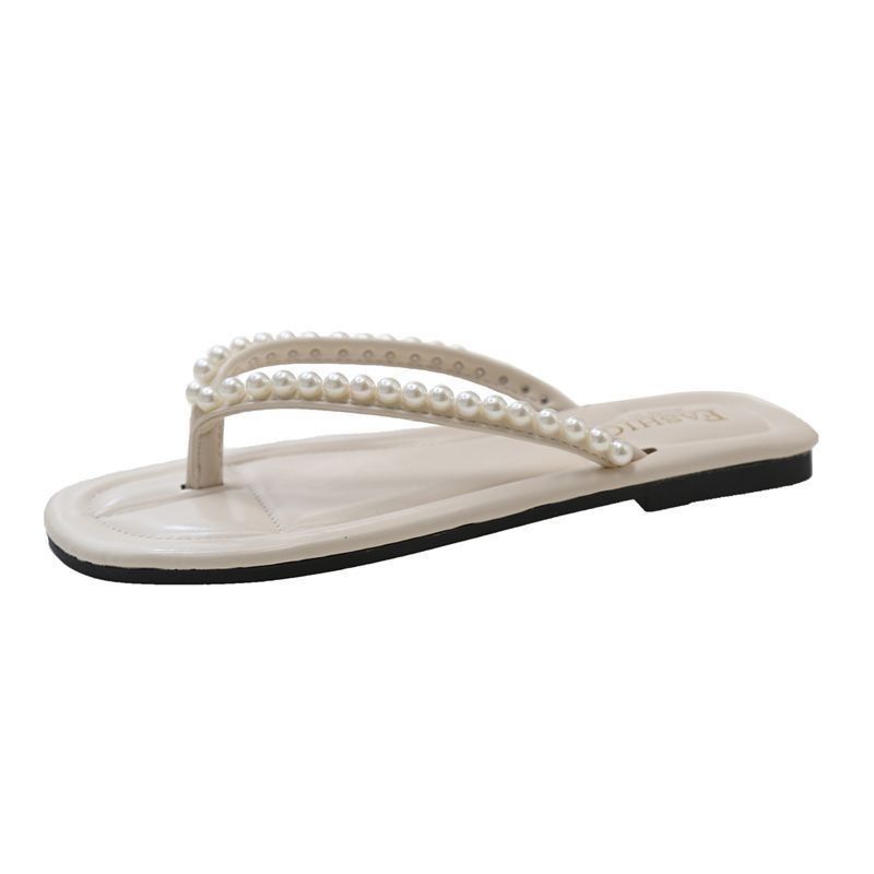 Beautiful Cool Slippers for Women's Summer Wear New Versatile Flat-bottomed Rhinestone Foot-pinned Herringbone Beach Sandals