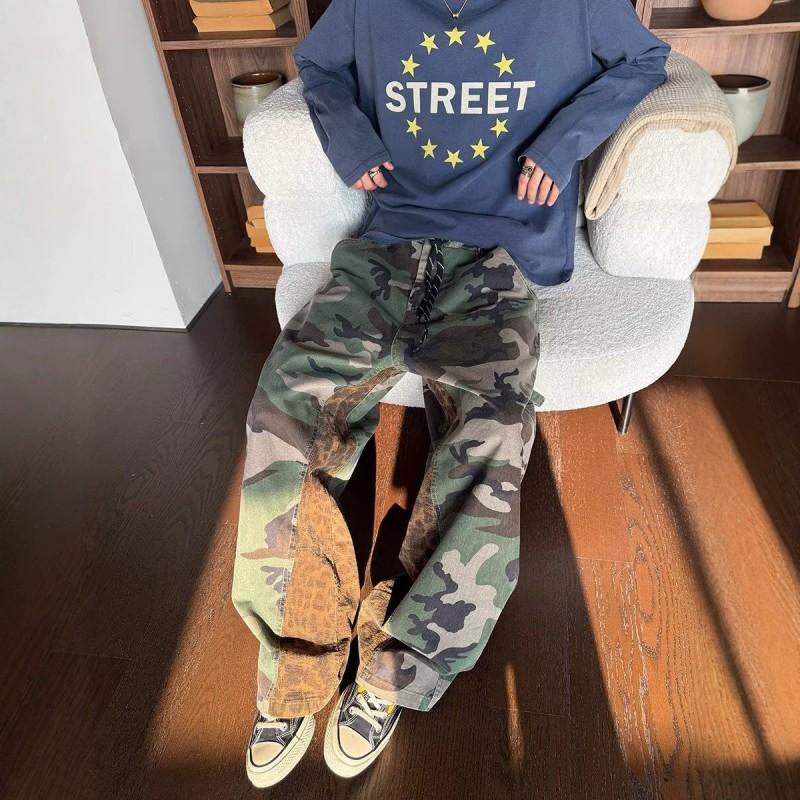 Mens Relaxed Fit Camo Leopard Print Patchwork Denim Cargo Pants Water Washed Straight Leg Workwear