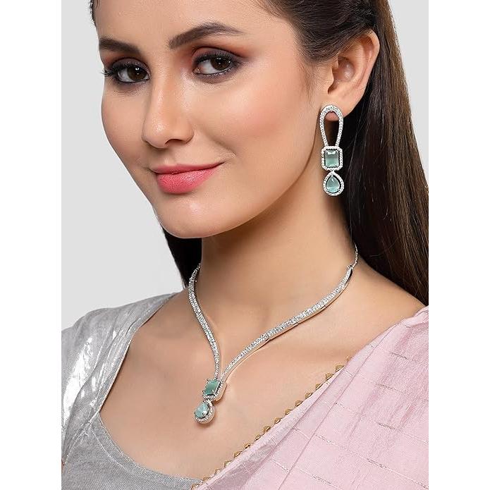Silver Plated Lime Green CZ Studded Necklace with Earrings