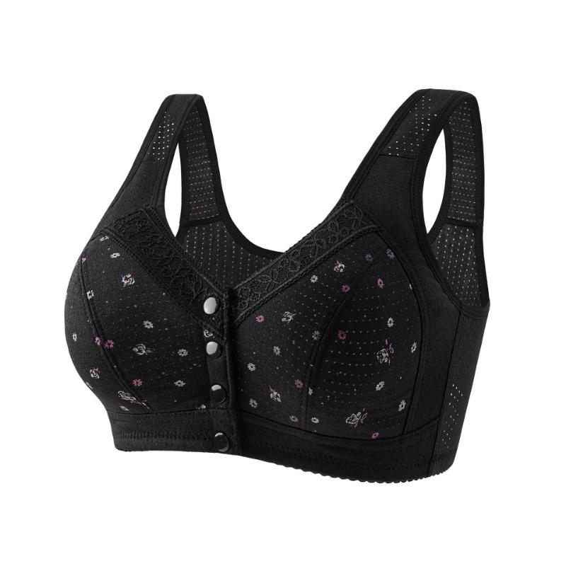 Supportive Wireless Bra with Front Buttons and Breathable Cotton Fabric