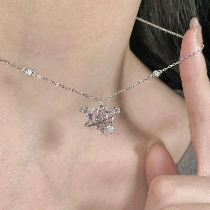 2023 Crystal Zircon Bow Knot Heart Pendant Necklaces Y2K Pink Heart Ladies Girls Fashion Elegant Clavicle Chain Women Jewelry