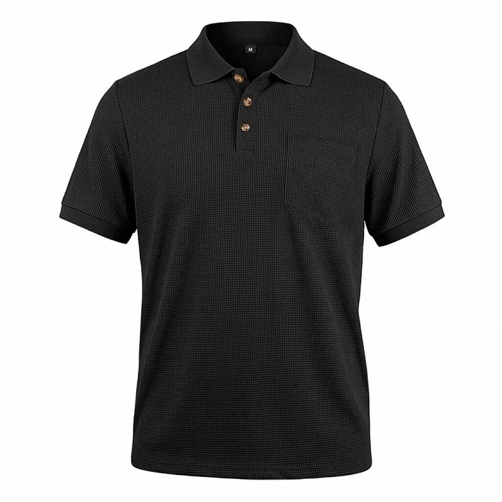 Men's Breathable Waffle Knit Polo Shirt Short Sleeve Button Placket Chest Pocket Loose Fit Summer Tops