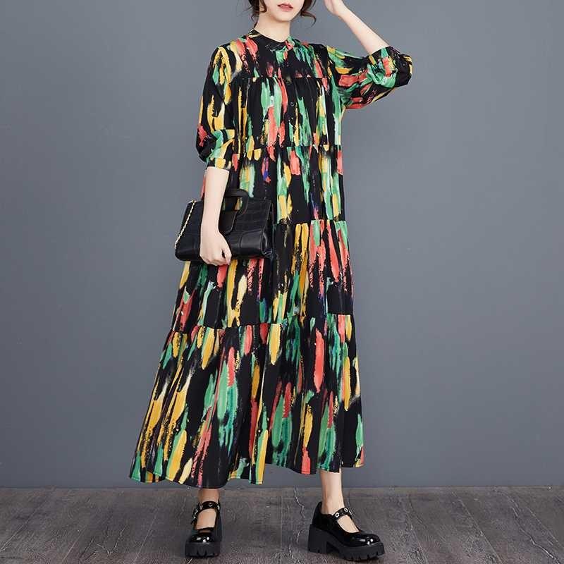 Real Spot Spring and Summer New Loose Large Size Fashion Printing Splicing Long Sleeve Cake Dress Dress