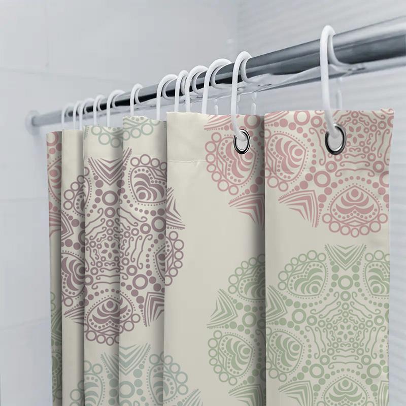 Beautiful Mandala Pattern Shower Curtain Set For Bathroom Decor Pink, Green Beige Colors Included With Hooks 72X84 Inches Size
