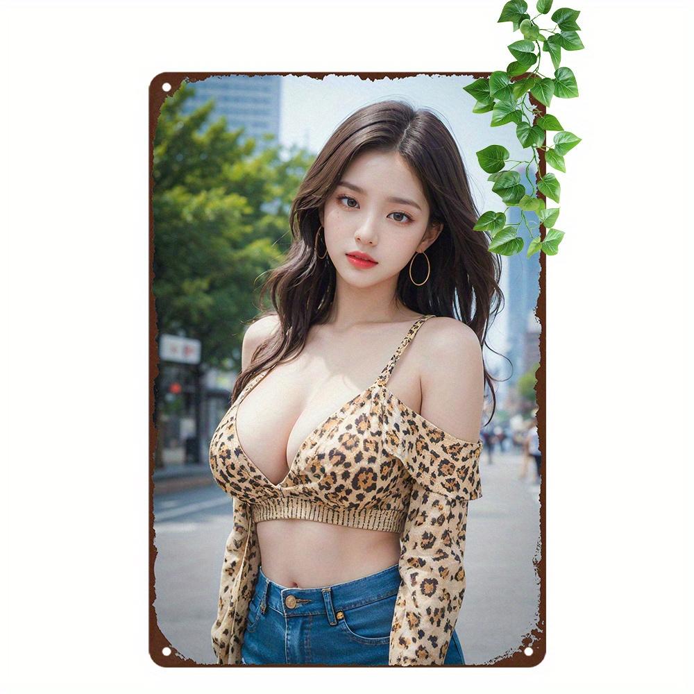 Vintage Retro Anime Girl Metal Wall Sign x Leopard Print Decor for Home