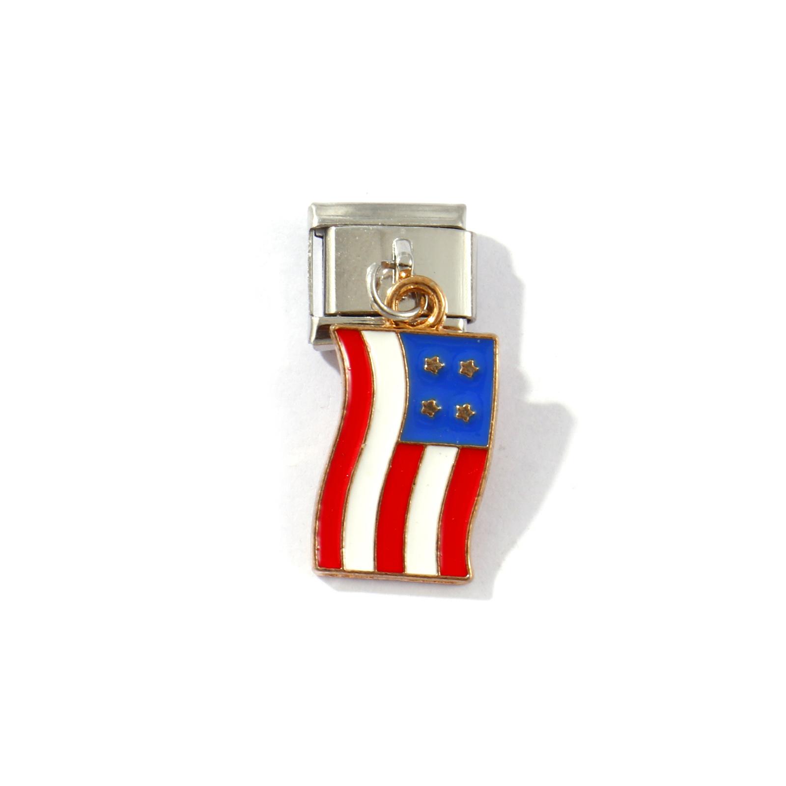 2 PCs 304 Stainless Steel Italian Charm Links For DIY Bracelet Jewelry Making Fit 9mm Enamel Rectangle American Flag 10mm x 9mm 10x9mm