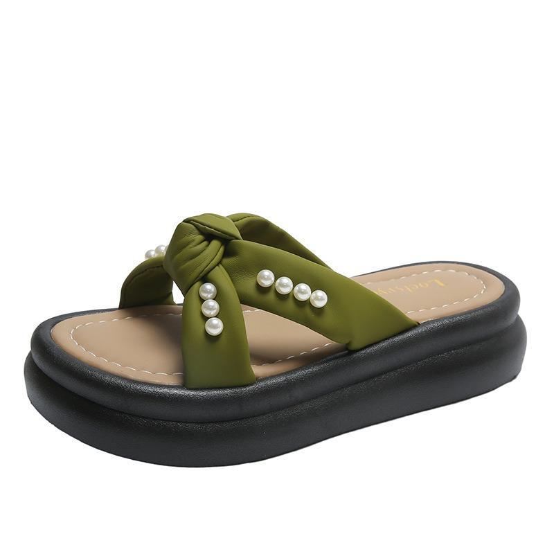 

Новые тапочки женские летние модные жемчужные на толстой подошве повседневные пляжные крутые тапочки 40 зелёный