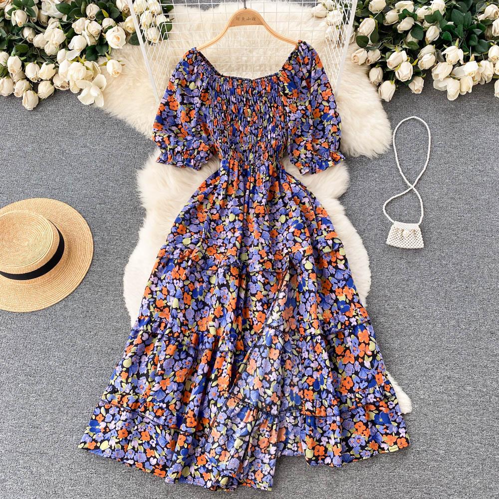 Women's Chic Sweet Slim Square Neck Bubble Sleeve Floral Dress Super Fairy Temperament A-line Dress