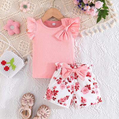 Girls Cute Shoulder Bow Top + Floral Shorts Set 2025 Summer Kids Casual Set