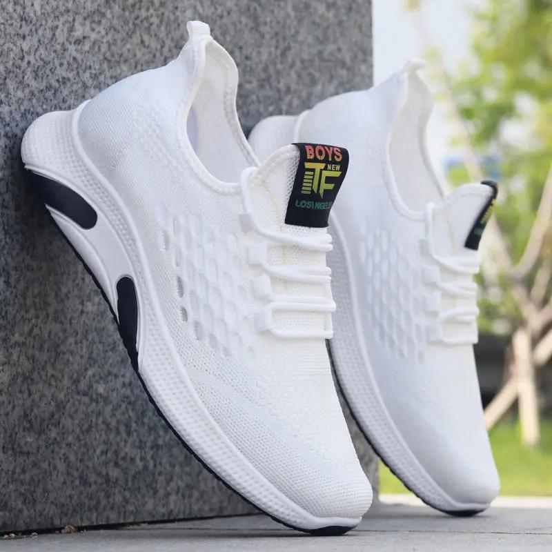 

горячая новинка спортивная обувь мужская дышащая повседневная сетчатая обувь повышенный комфорт на шнуровке нескользящие кроссовки с низким верхом 44 белый