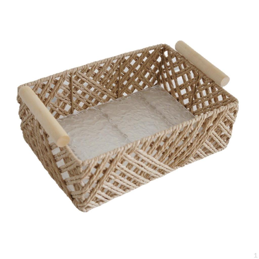 Wicker Basket with Handles Rectangular Storage Shallow