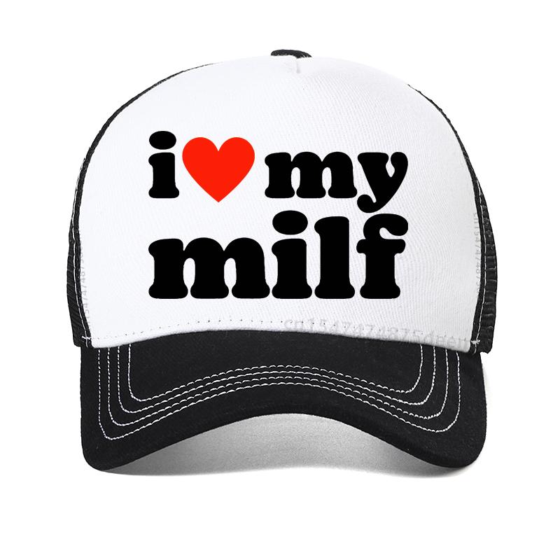 Men's I Love My Milf Baseball Cap Black I  MILFS Printed Text Casual Daily Wear Street Style Fashion Caps Mesh Snapback Hats
