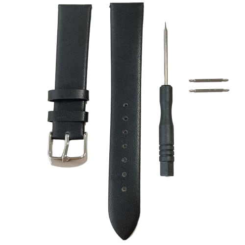 

18mm Wide Supple Leather Watch Strap, Black, No Stitching, Elegant and Clean, Includes Tools