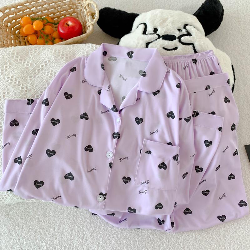 Pijama Coração Roxo Primavera Outono para Mulheres Moda Manga Comprida tops e Calças roupa de dormir Elegante de Alta Qualidade Confortável Lapela Roupa de Descanso