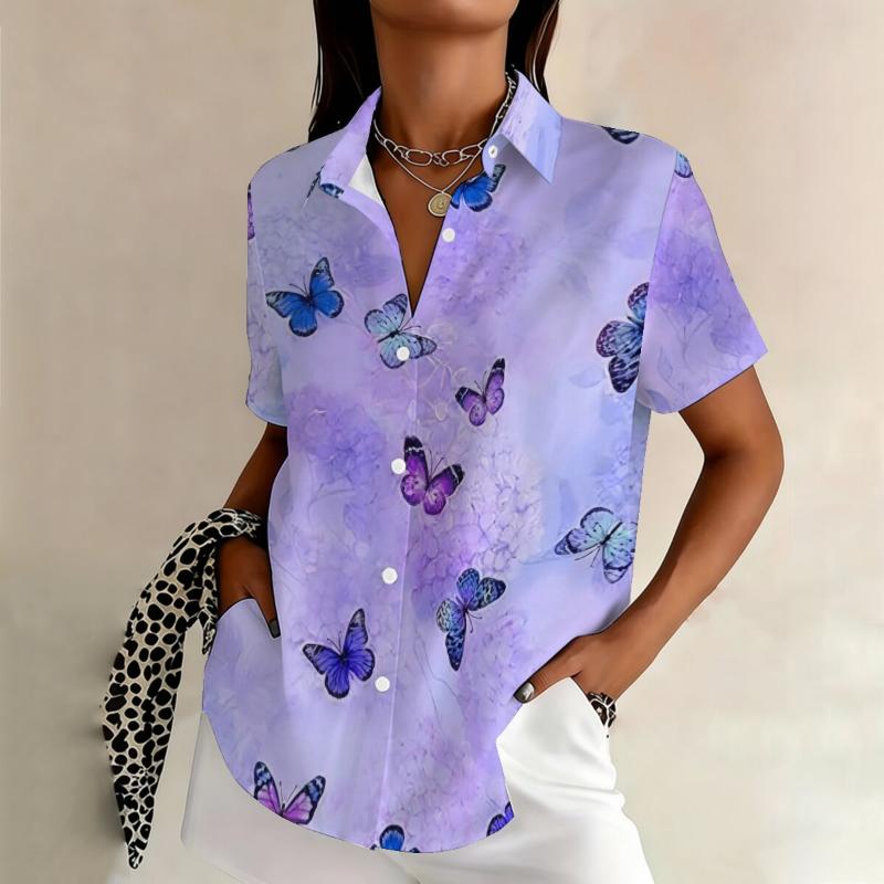 Simple and personalized ink dyed butterfly print summer women s plus size lapel short sleeved shirt fashionable versatile top XL
