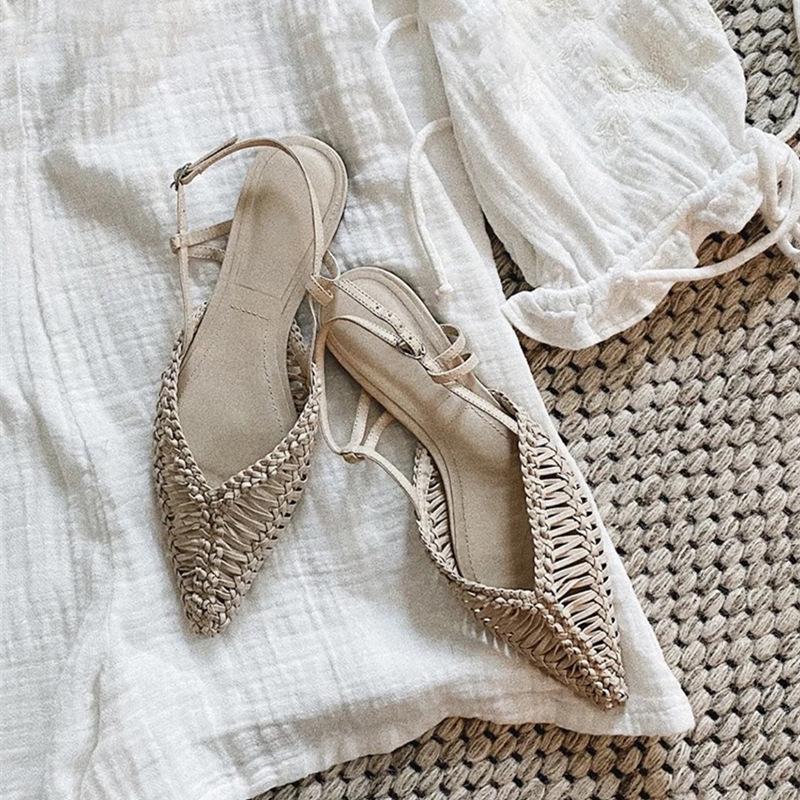 Sheepskin version~ Leather Dugu woven pointed Roman sandals women's summer flat bottom hollowed out one word with bag head cool slippers