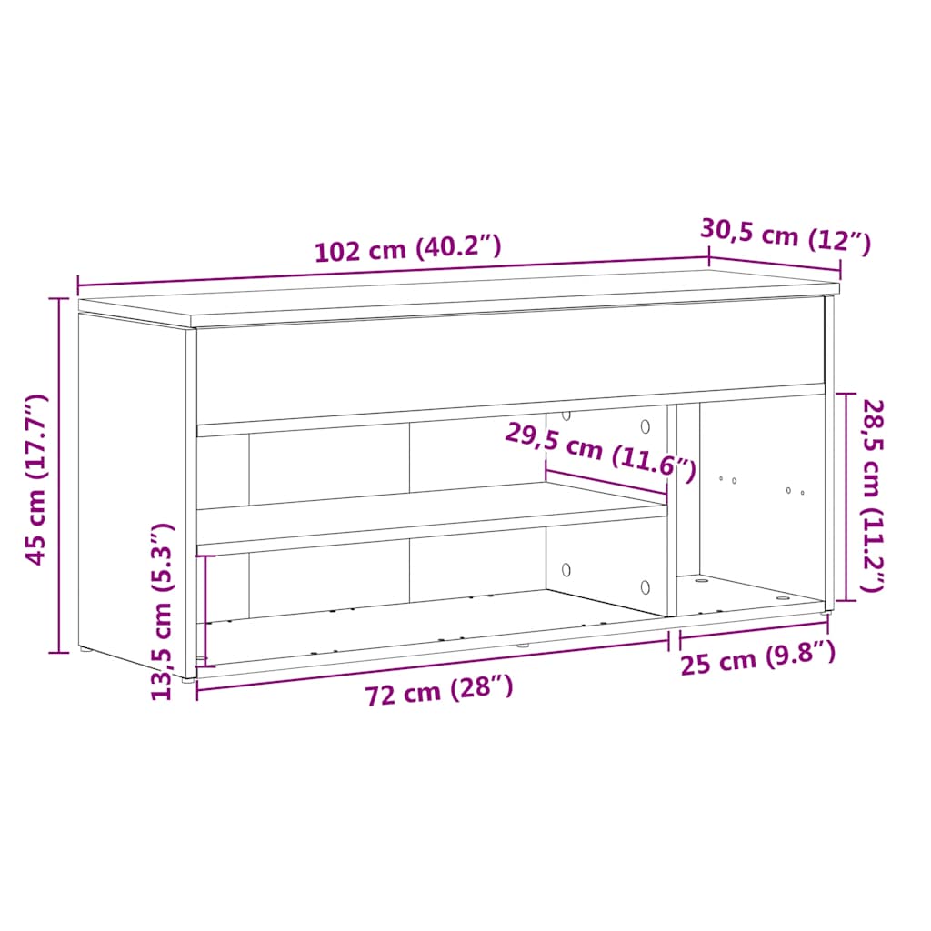 Shoe Bench Grey Sonoma 102 X 30.5 X 45 Cm Particleboard